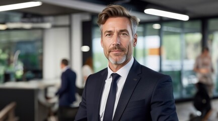 Naklejka premium Confident mature business man in office. Senior businessman coach, leader looking at camera. Middle aged business man in suit standing in office. Businessman professional manager.