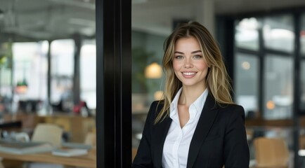 Portrait of beautiful successful young business woman smiling at camera. Female ceo leader businesswoman standing in office.