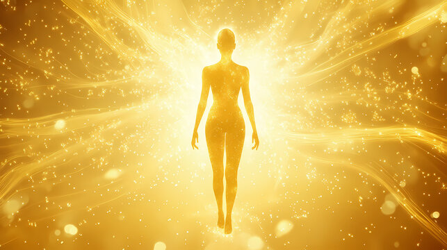 Golden goddess aura - white female silhouette figure with golden glow and delicate multi layered golden multi layered auric field. Auric. Illustration