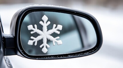 A snowflake-shaped traffic sign rests on the side mirror of a car, surrounded by snow. This reflects winter road safety and the challenges of driving in icy conditions