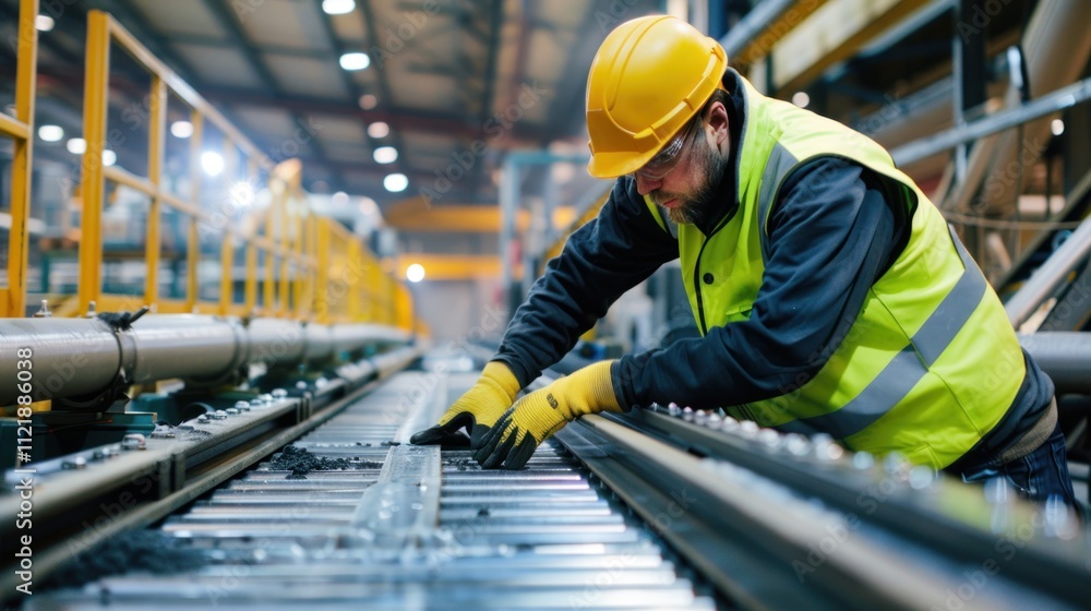 Poster a technician working on a malfunctioning conveyor belt in an industrial setting