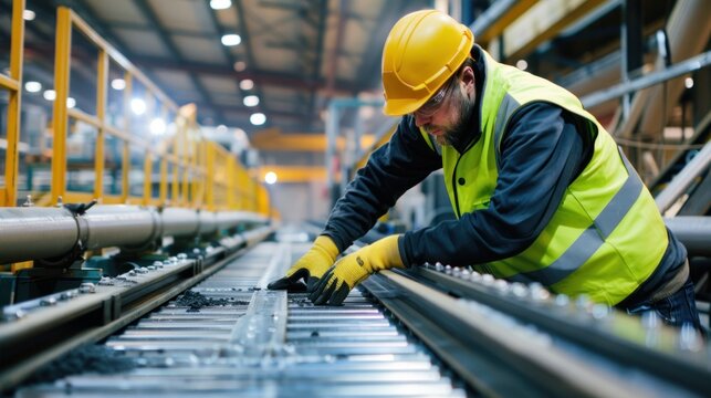 A technician working on a malfunctioning conveyor belt in an industrial setting