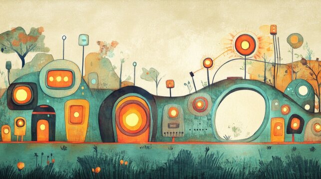 A colorful abstract structure with vibrant shapes and playful patterns in a cheerful landscape.