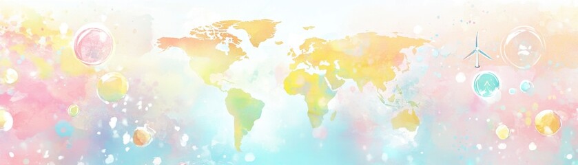 A colorful abstract world map background with soft pastel hues and bubbles.