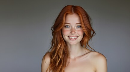 Fototapeta premium Close up face of young red-haired and freckled woman with beautiful smile. Beautiful smiling young woman with clean fresh skin and white teeth. Cosmetology, beauty and spa, women portrait.
