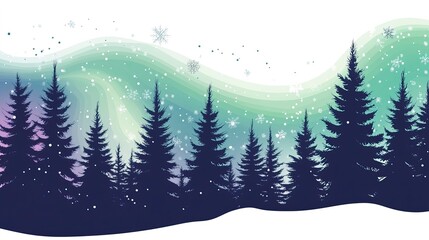 Fototapeta premium Silhouette of Pine Trees Under Northern Lights Aurora Borealis Northern Lights), Winter season, Happy New Year, Happy Christmas 