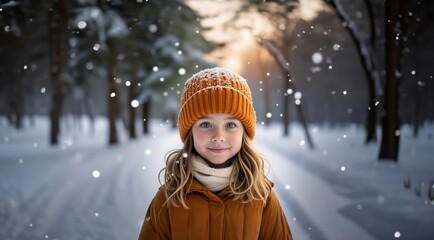 Fototapeta premium Winter kids face. Adorable little girl having fun in beautiful winter park during snowfall. Cute child playing in a snow. Winter activities for kids.