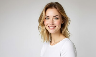 Obraz premium Happy smiling female face. Sexy model. Beauty sensual woman portrait. Beauty portrait of a young cute woman. Gorgeous girl. Beautiful portrait of blonde model.