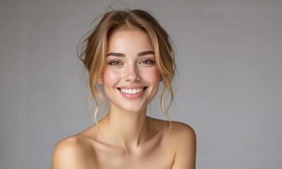 Fototapeta premium Happy smiling female face. Sexy model. Beauty sensual woman portrait. Beauty portrait of a young cute woman. Gorgeous girl. Beautiful portrait of blonde model.