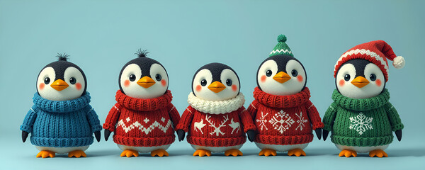 Naklejka premium illustrazione con allegri e simpatici pinguini in pezza con maglioni rossi a tema natalizio