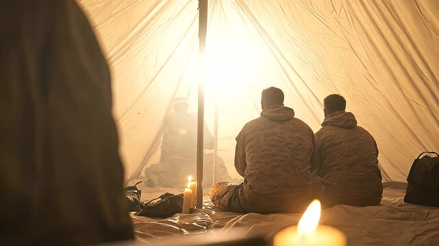 Military Chaplain Counseling Soldier in Tent with Prayer Candles