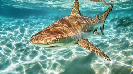 Obraz premium Shark swimming in clear turquoise water with sunlight reflections