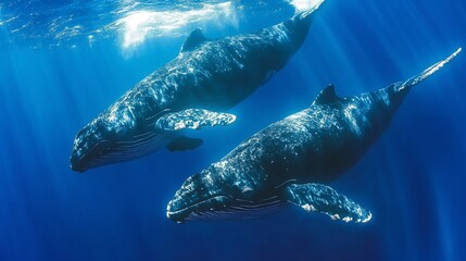 Fototapeta premium Two humpback whales swimming gracefully underwater