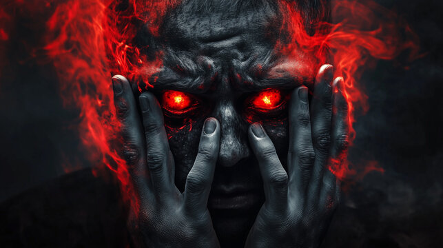 Intense figure consumed by fiery red energy with glowing eyes, hands pressed to face, symbolizing rage, inner turmoil, and the uncontrollable force of raw emotion