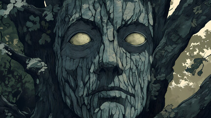 Face in the woods called auric timber. Auric. Illustration