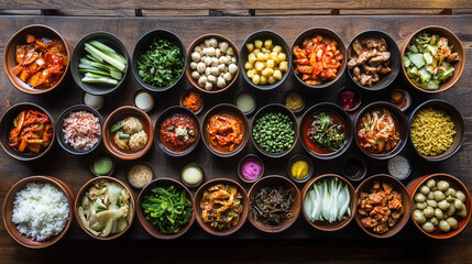 Fototapeta premium Diverse Asian Cuisine Delicious Korean Dishes Bowls of Food Overhead Shot