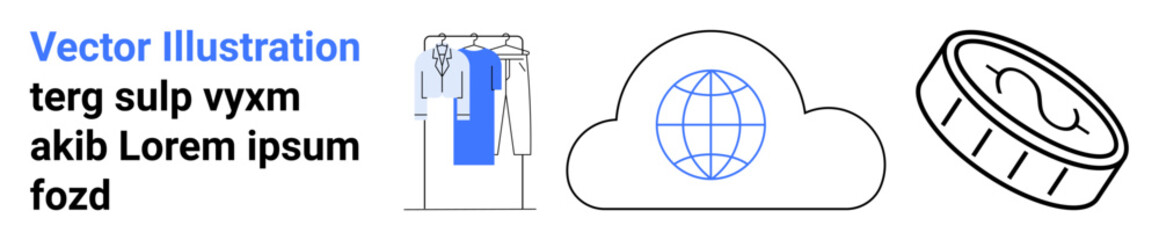 Clothing rack with clothes, cloud with global symbol, and coin icon in minimalist style. Ideal for e-commerce, cloud services, cryptocurrency platforms, technology websites, digital marketing, online