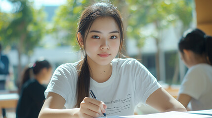 Portrait of a Young Asian Student: Focused and Studying. A captivating image of a diligent student immersed in her studies, radiating youth and intelligence.