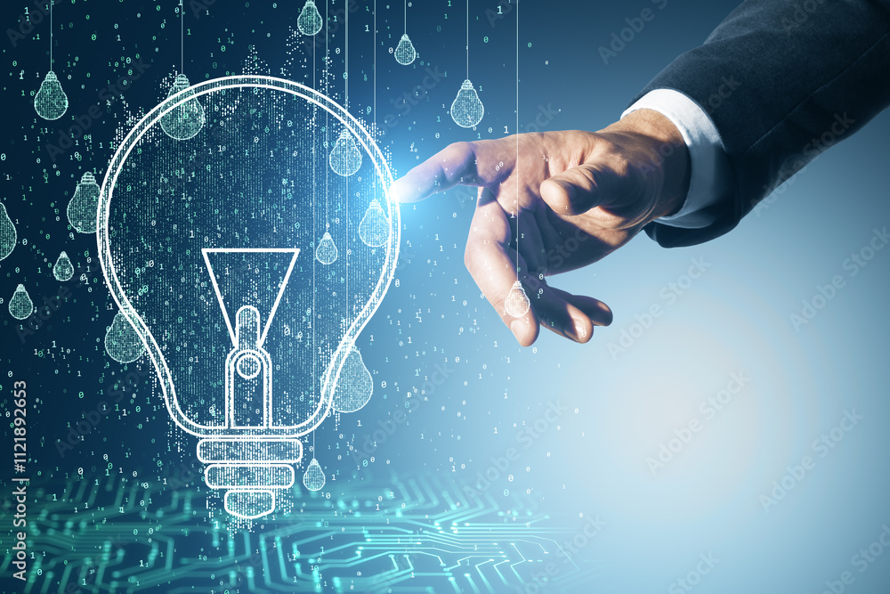 Poster Hand touching glowing holographic lightbulb with wireframe design on a digital circuit blue background.