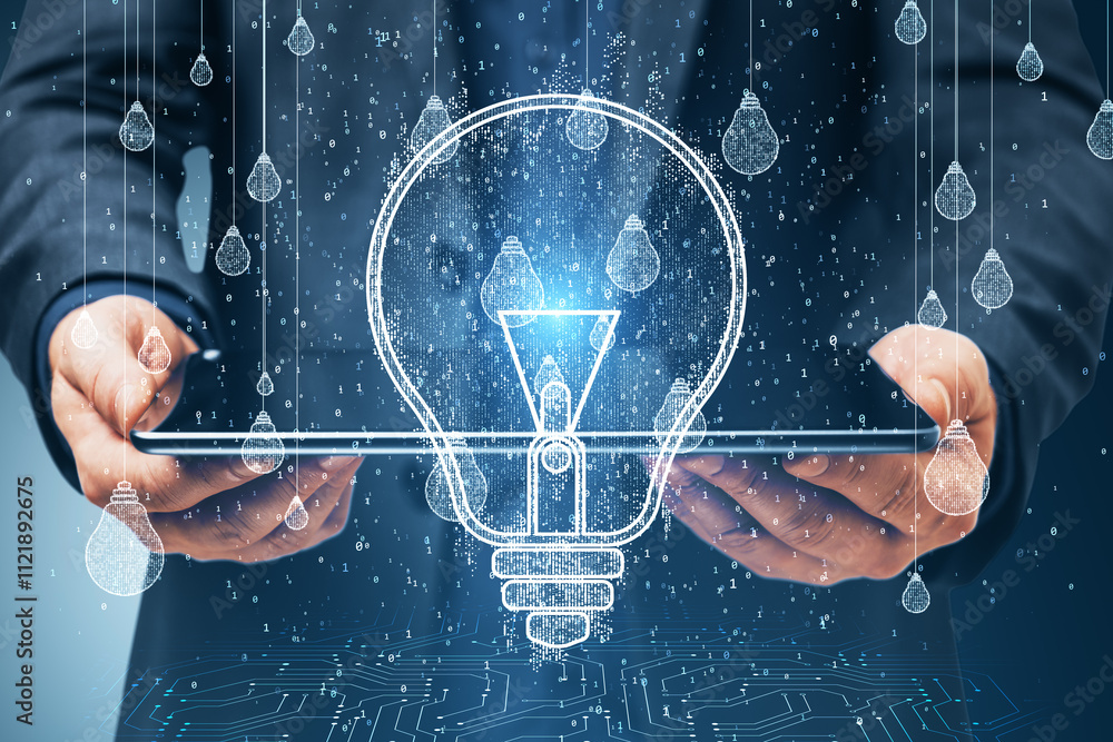 Poster Digital lightbulb concept with tablet in hands, symbolizing innovation and technology.