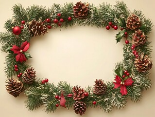 Fototapeta premium Beautifully Decorated Christmas Wreath with Pinecones Berries and Bows Framing a Clear Space for Text
