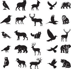 Obraz premium Vector silhouette Wild Animals Icon set on white background