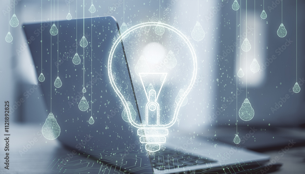 Aufkleber glowing digital lightbulb overlay on laptop keyboard with futuristic elements.