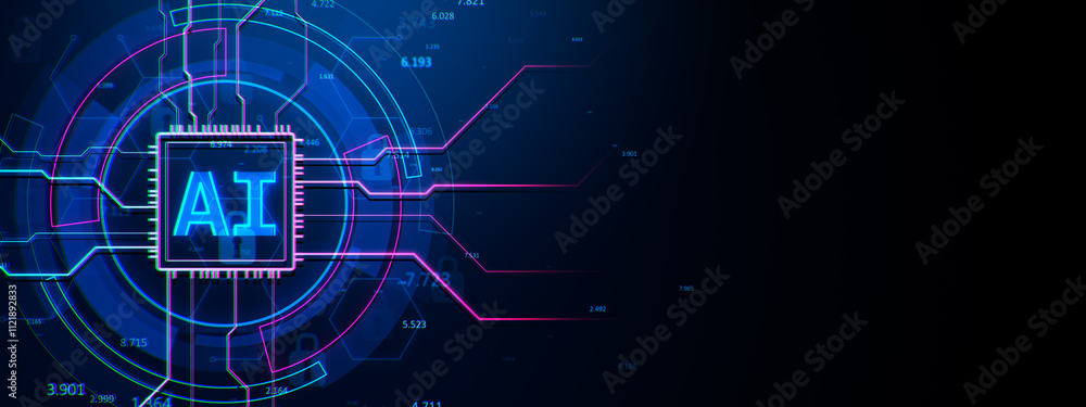 Poster ai chip symbol with circuits and neon lines on dark blue futuristic background. 3d rendering