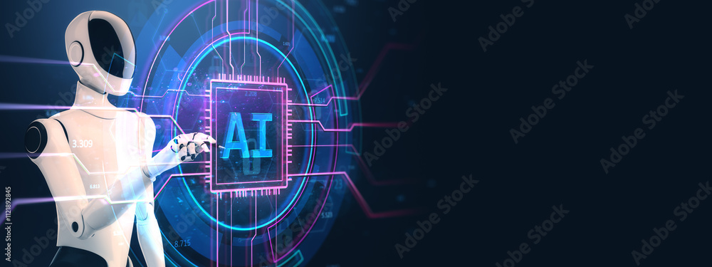 Aufkleber Robot interacting with AI chip hologram on futuristic background. 3D Rendering