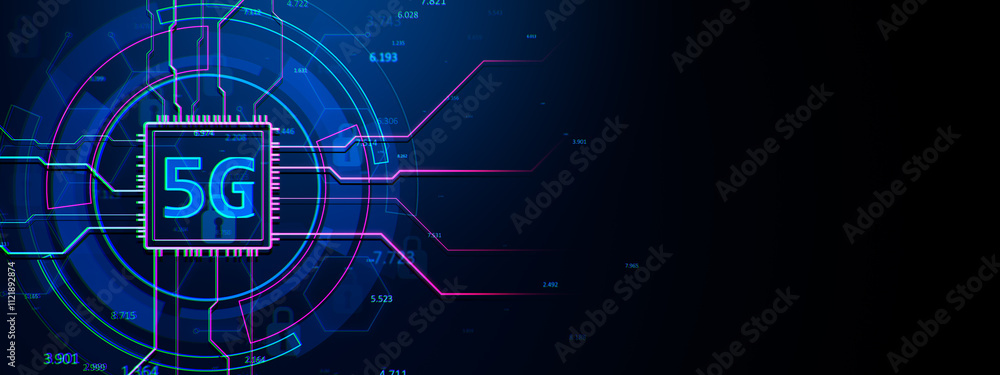 Poster 5G symbol with neon circuitry on a futuristic digital background. 3D Rendering