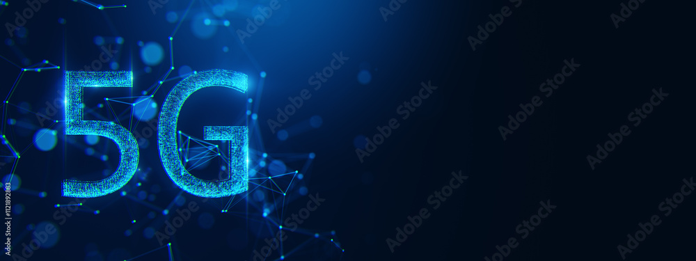 Fototapete 5G digital network concept with glowing blue text and connected lines on futuristic dark background. 3D Rendering
