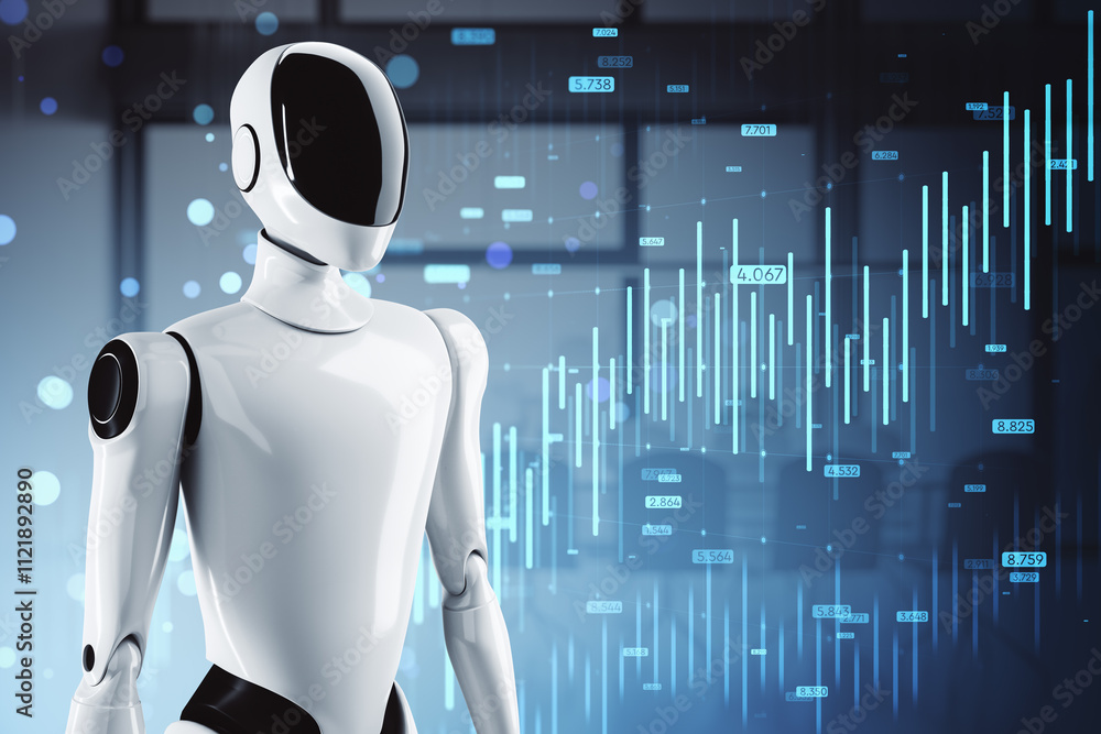 Aufkleber Futuristic robot with digital financial chart background in modern office, symbolizing AI-driven fintech solutions for trading growth. 3D Rendering