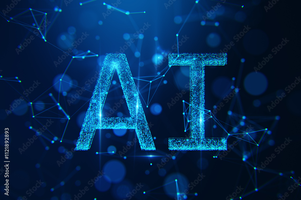 Poster AI digital technology design with glowing blue letters on a dark background featuring neural network connections and virtual bokeh effect. 3D Rendering