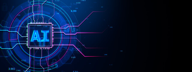AI chip symbol with circuits and neon lines on dark blue futuristic background. 3D Rendering