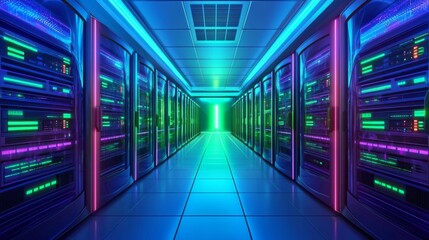 Fototapeta premium High-tech server room with colorful lighting, showcasing digital innovation and connectivity.