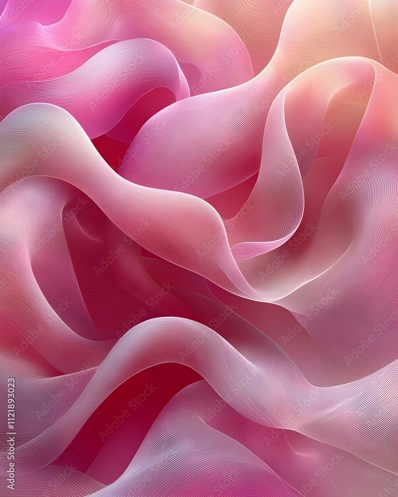 Poster a mesmerizing abstract composition featuring flowing waves of soft pink and white hues, creating a s