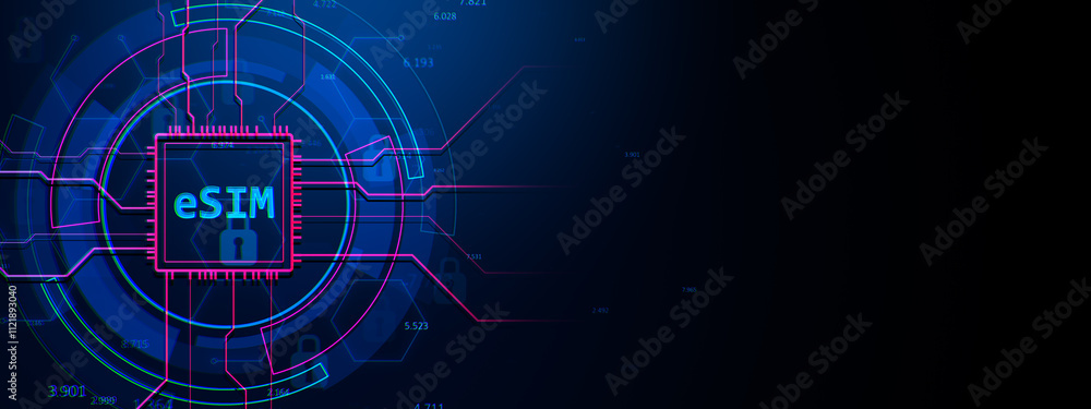 Aufkleber ESIM digital microchip concept design with neon lines and futuristic circuit pattern on dark blue background. 3D Rendering