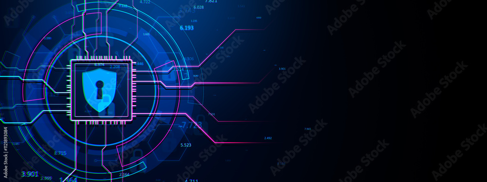 Poster Digital shield icon with circuit lines on dark blue background, representing cybersecurity and data protection concept. 3D Rendering