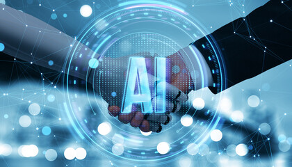 AI symbol overlaying a handshake between businessman and robot amidst a futuristic blue digital background.