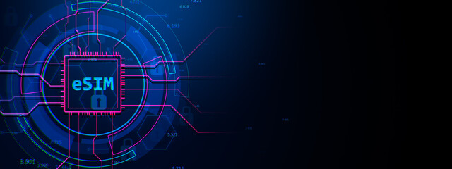 Obraz premium ESIM digital microchip concept design with neon lines and futuristic circuit pattern on dark blue background. 3D Rendering