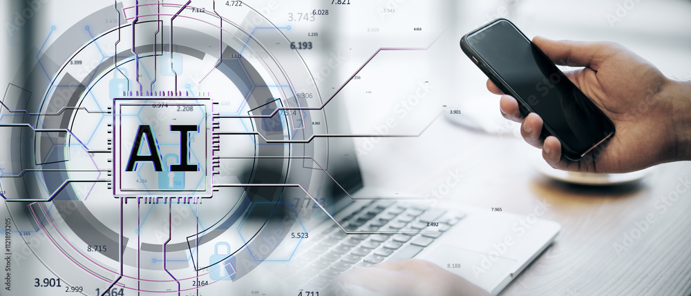 Poster abstract ai technology concept with smartphone and laptop on desk background.