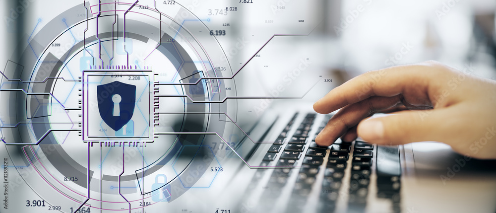 Poster Digital shield icon overlaid on abstract network with a hand typing on laptop keyboard, symbolizing cybersecurity and data protection.