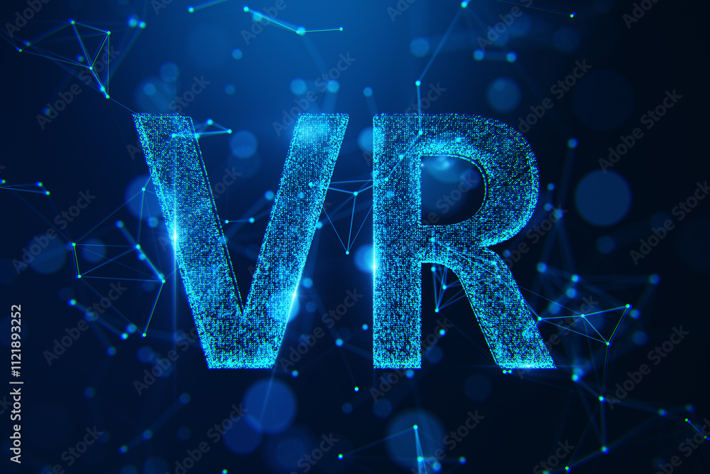 Fototapete vr text in glowing blue dots with network-like connections on dark background. 3d rendering