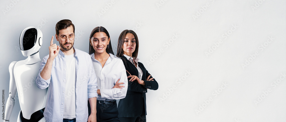 Poster team of professionals with a robot on a white background, symbolizing collaboration between humans a