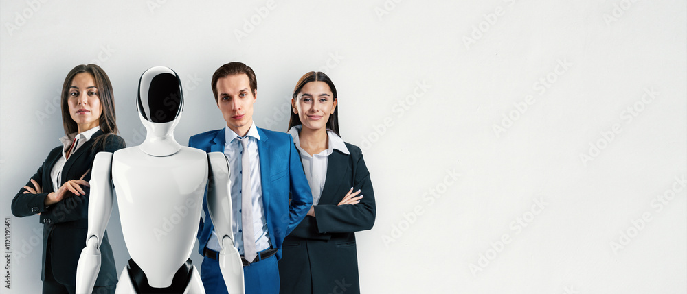 Poster team of professionals and a robot standing confidently together in formal attire against a neutral b