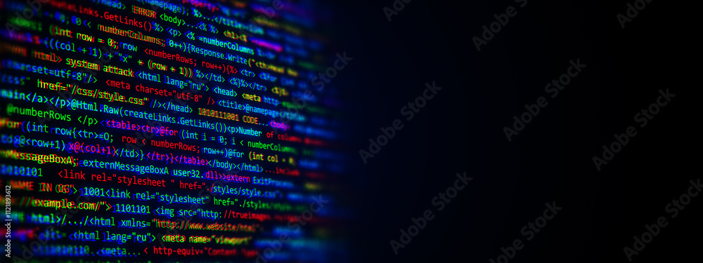 Leinwandbilder Colorful programming code on dark background with empty space on the right. 3D Rendering
