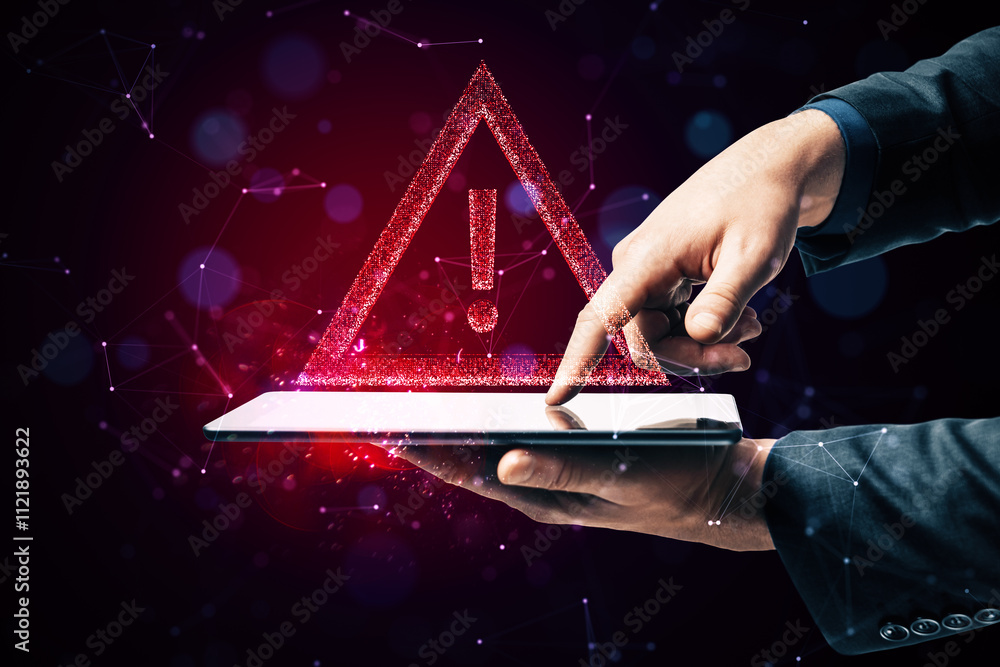 Poster digital warning exclamation mark displayed on a tablet screen in a futuristic holographic style.