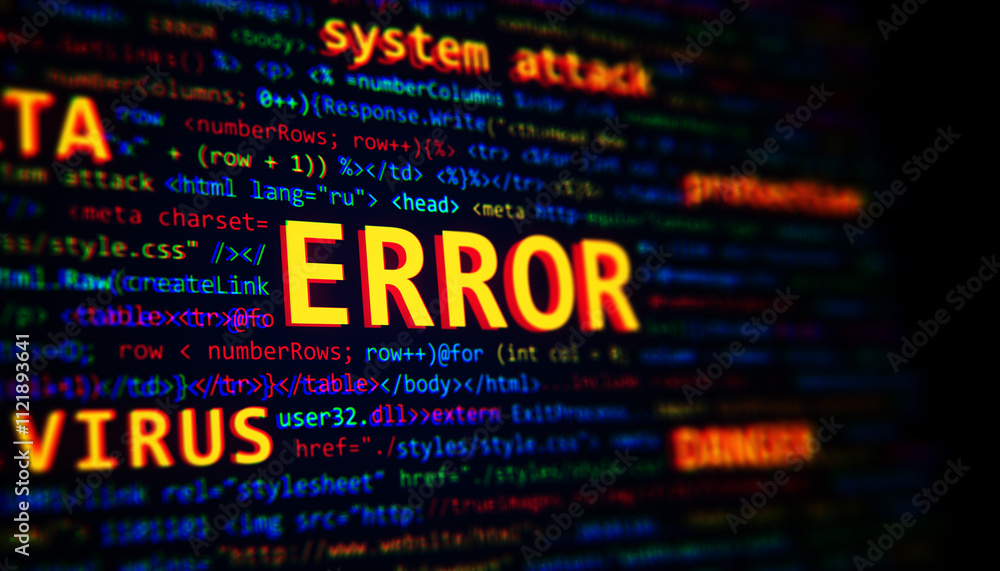 Leinwandbilder Highlighted ERROR text on colorful code background, representing software problems and system attack concept. 3D Rendering