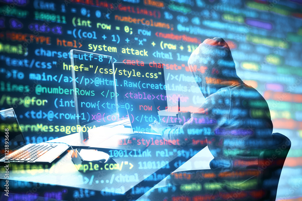 Aufkleber Person in hoodie working on laptop with programming code overlay, representing cybersecurity and hacking concepts.