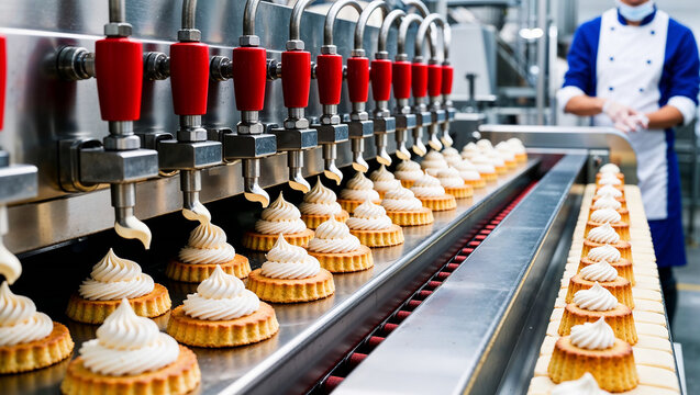Industrial food processing machine adding cream filling on cookies in a food factory